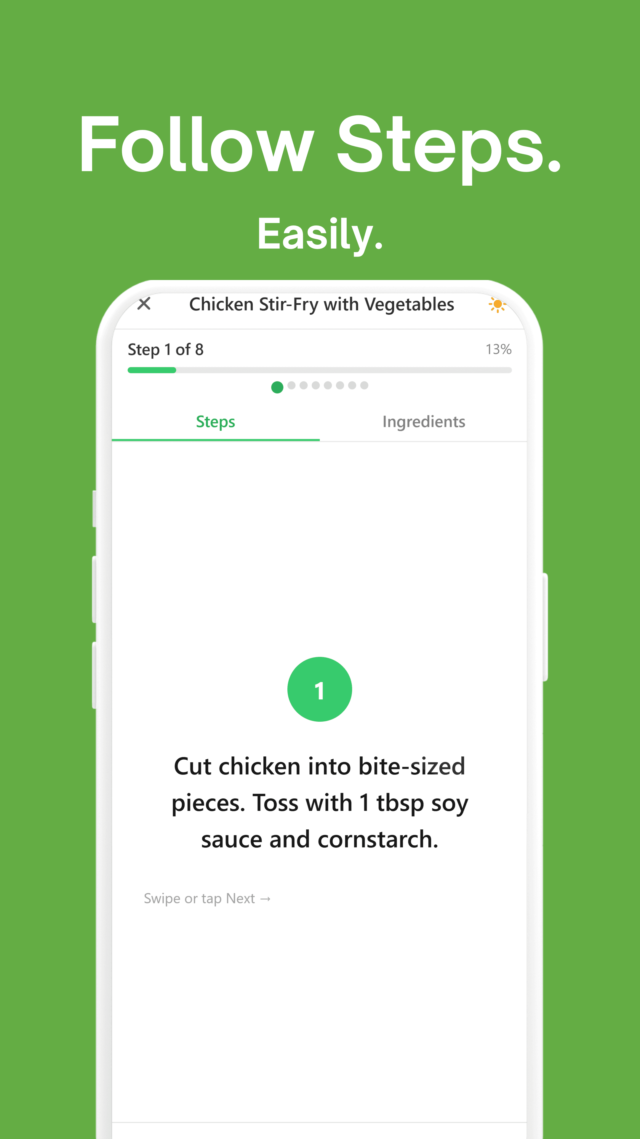 KitchenSync store listing: cooking mode, one step at a time on a full screen.