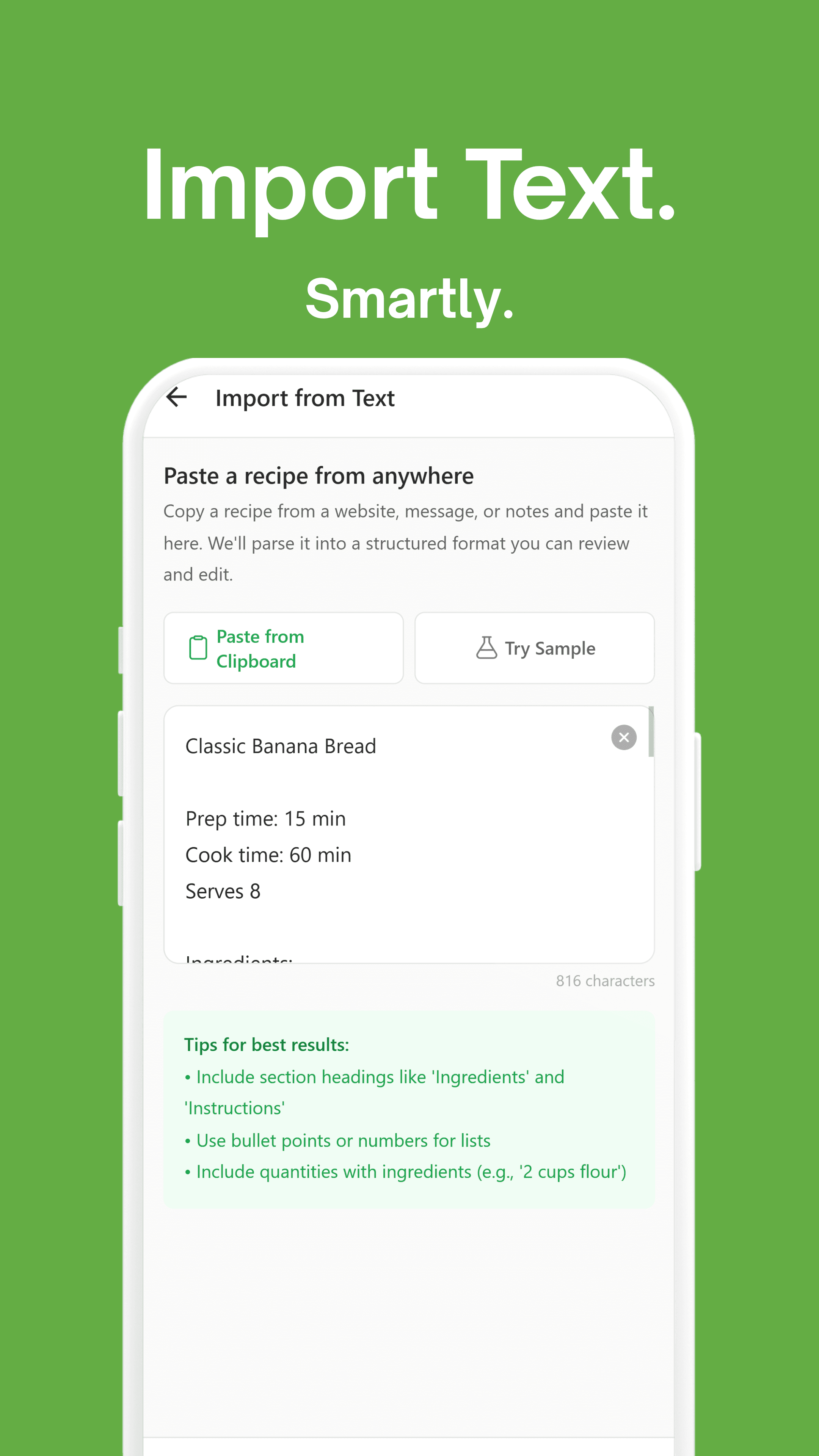 KitchenSync store listing: the recipe text parser turning pasted text into a structured recipe.