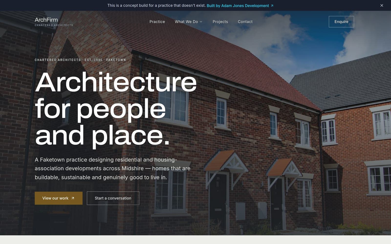 The ArchFirm concept homepage: a brick terrace photograph behind the headline Architecture for people and place, with a banner saying it is a concept build for a practice that doesn't exist.