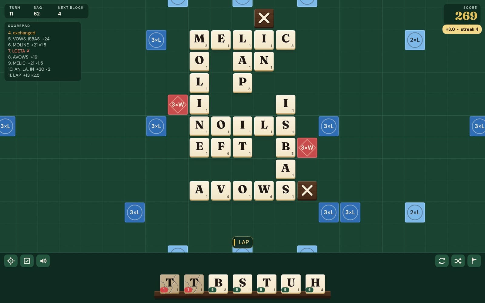 Lexic in a desktop browser eleven turns into a daily challenge: ivory tiles spelling crossing words on a green table, labelled bonus squares (2×L, 3×L, 2×W, 3×W), two walnut blocks with ivory crosses marking blocked squares, the scorepad of recent turns top left, and the score with its ×3.0 streak chip top right.